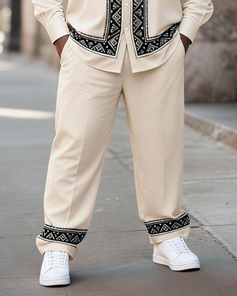 Big & Tall Men's Rice White Ethnic Pattern Printed Long Sleeve Shirt Trousers Suit