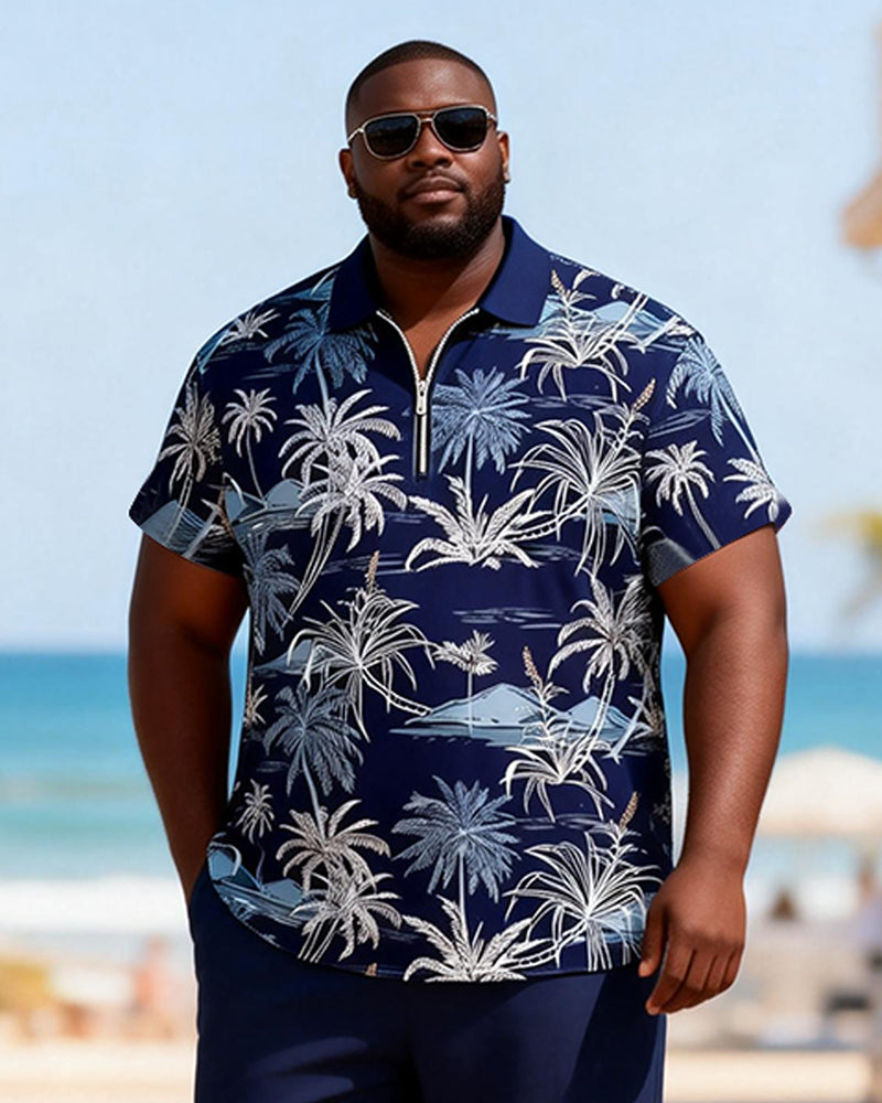 Big & Tall Men's Navy Blue Full Print Coconut Tree Print Zipper Polo Short Sleeve Trousers Set