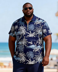 Big & Tall Men's Navy Blue Full Print Coconut Tree Print Zipper Polo Short Sleeve Trousers Set