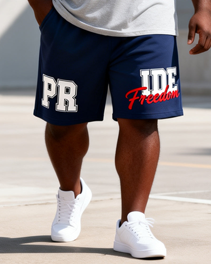 Big & Tall Men's PRIDE Freedom Letter Print Round Neck Short Sleeve T-Shirt Shorts Set