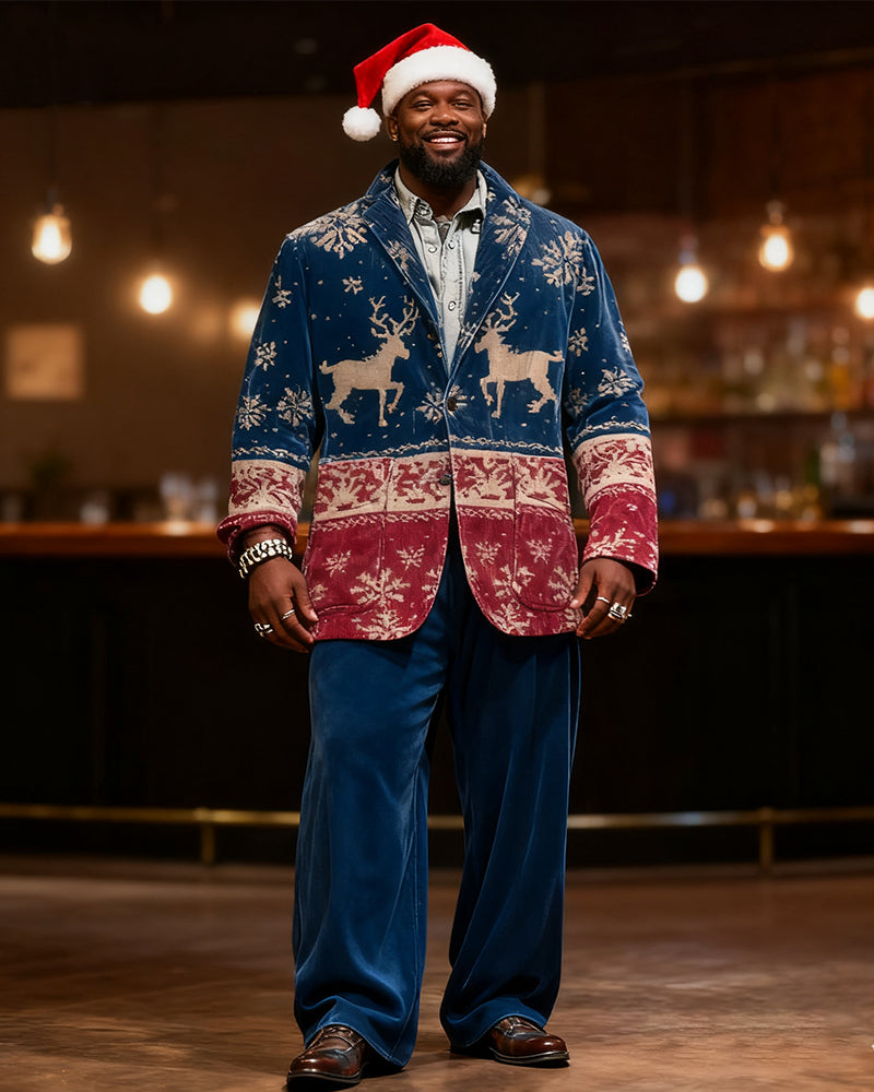 Big & Tall Men's Christmas Vintage Blue And Red Elk Print Suit