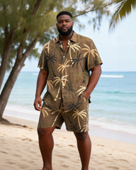 Big & Tall Men's Brown Coconut Retro Printed Short Sleeve Shirt Shorts Set