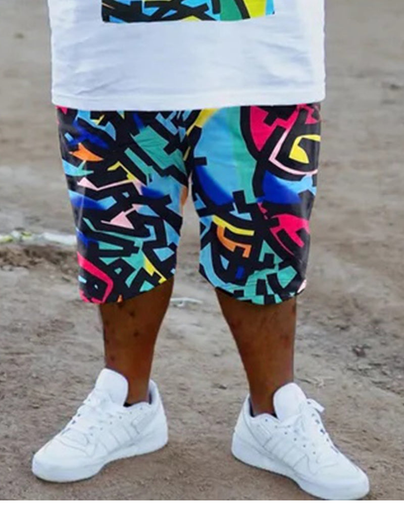 Big & Tall Men's White Bottom Fine Color Geometric Graffiti Print Crewneck Short Sleeve T-Shirt Shorts Set