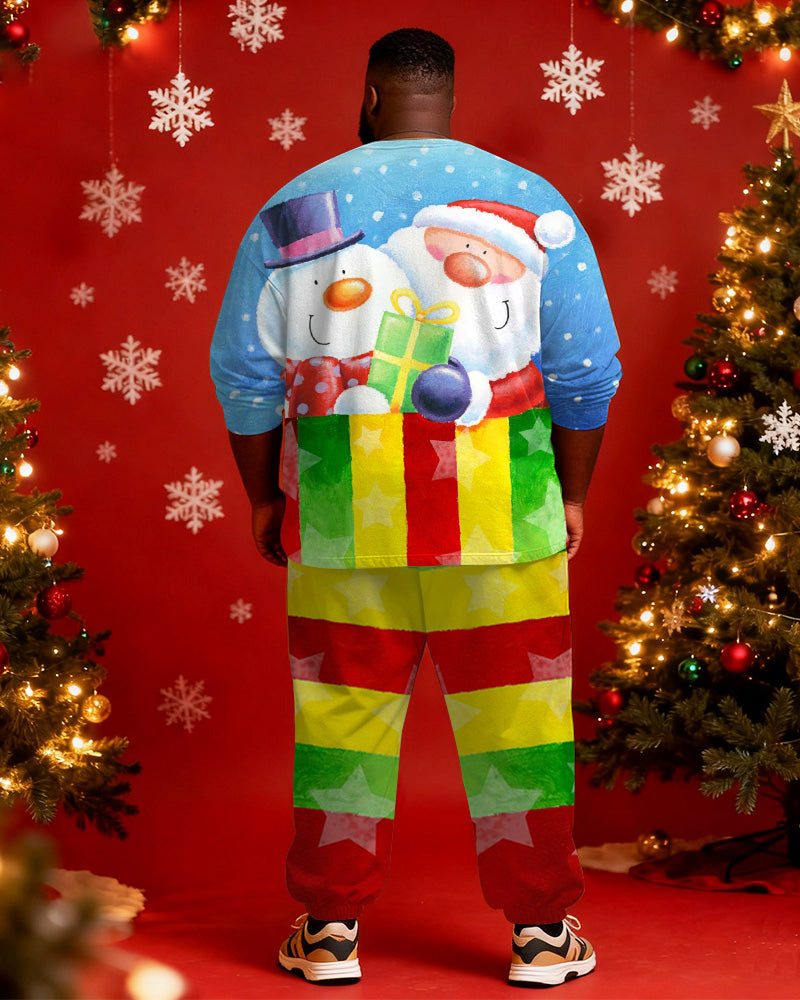 Big & Tall Men's Santa Claus Color Striped Graffiti Print Long Sleeve T-Shirt Pants Set