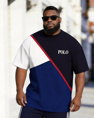 Big & Tall Men's Navy Red And White Color Matching Letter Printed Round Neck Short Sleeve T-shirt Shorts Set