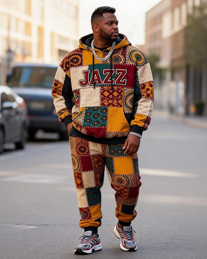 Big & Tall Men's JAZZ African Patchwork Print Hoodie Set
