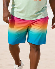 Big & Tall Men's MIAMI Double Coconut Tree Gradient Print Round Neck Short Sleeve T-Shirt Shorts Set