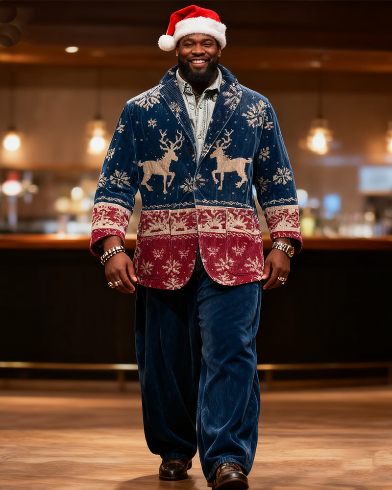 Big & Tall Men's Christmas Vintage Blue And Red Elk Print Suit