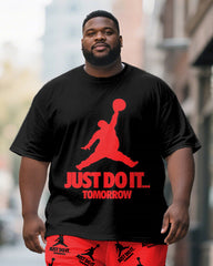 Men's Plus Size Black Fat Man Fun Text Print Short Sleeve T-Shirt Shorts Suit