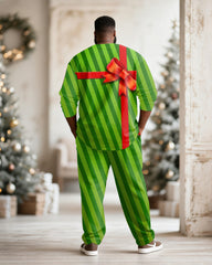 Big & Tall Men's Christmas Gift Green Stripe Printed Long Sleeve T-Shirt Pants Set