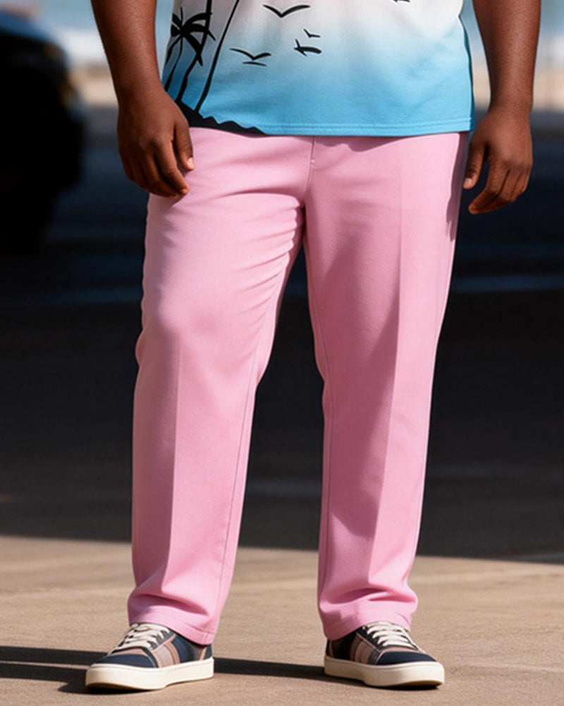 Big & Tall Men's Pink Blue Gradient Coconut Print Zipper Polo Short Sleeve Pants Set