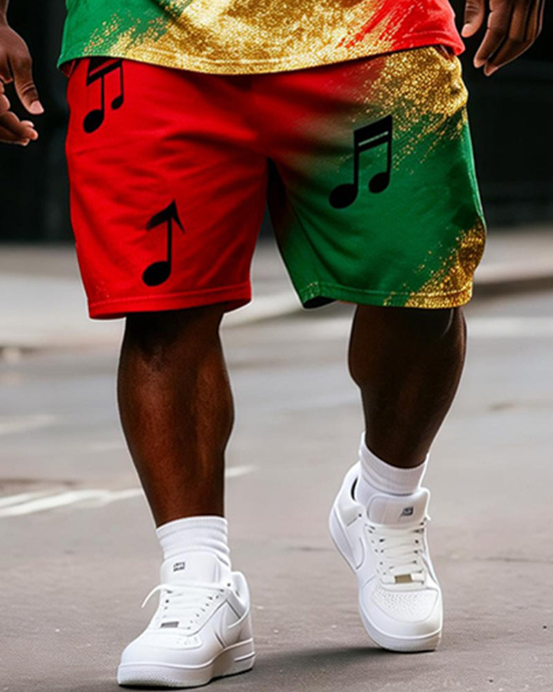 Big & Tall Men's Juneteenth Note Gold Powder Gradient Printing Round Neck Short Sleeve T-shirt Shorts Set