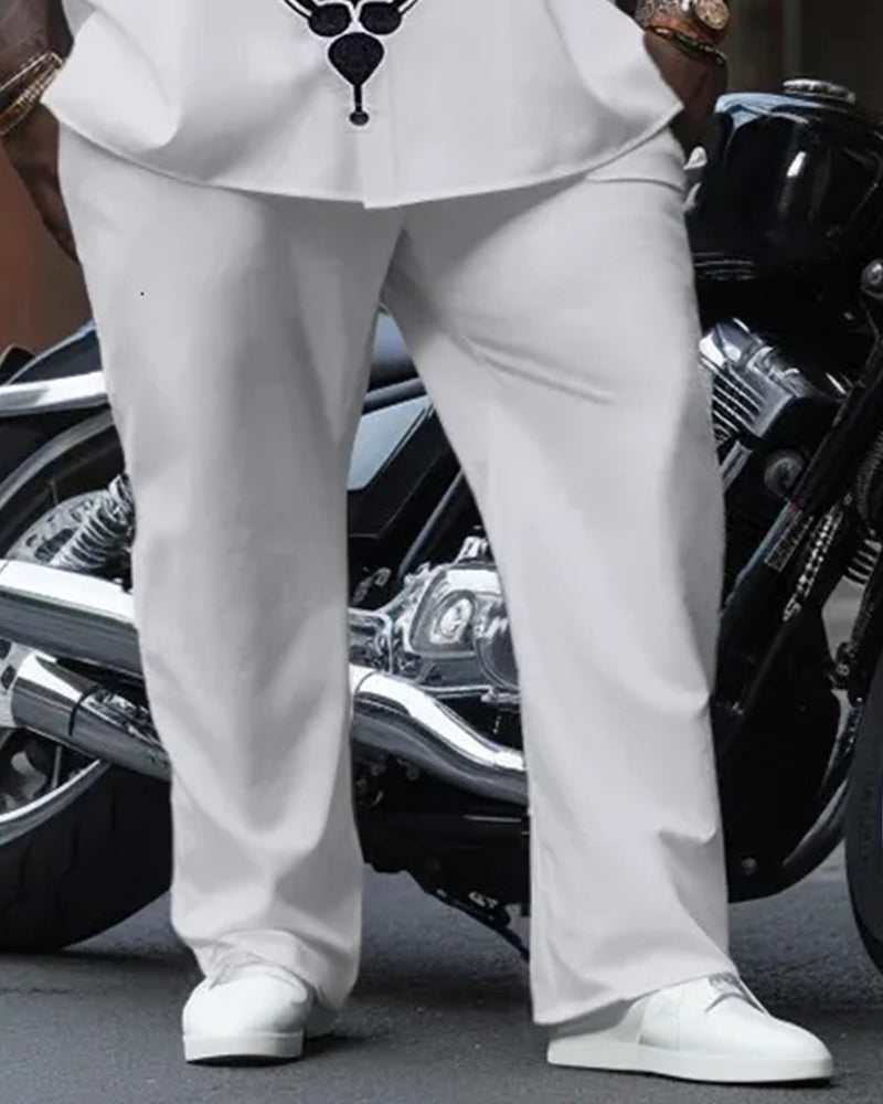 Big & Tall Men's Black And White Wavy Print Long Sleeve Shirt Pants Set