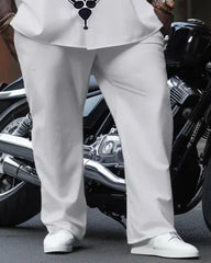 Big & Tall Men's Black And White Wavy Print Long Sleeve Shirt Pants Set