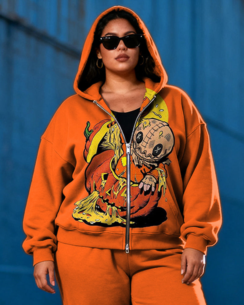 Women's Plus Size Halloween Pumpkin Graffiti Print Cardigan Hoodie Set