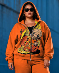 Women's Plus Size Halloween Pumpkin Graffiti Print Cardigan Hoodie Set