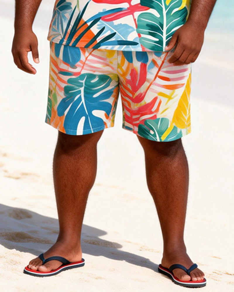 Big & Tall Men's Watercolor Tropical Plant Print Round Neck Short Sleeve T-Shirt Shorts Set