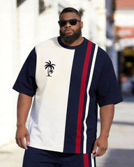Big & Tall Men's Navy Blue And White Color Block Coconut Striped Printed Crew Neck Short Sleeve T-shirt Shorts Set