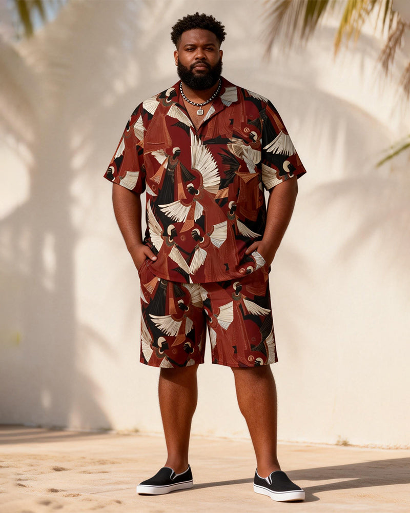 Big & Tall Men's Red Bottom Totem Retro Printed Short Sleeve Shirt Shorts Set