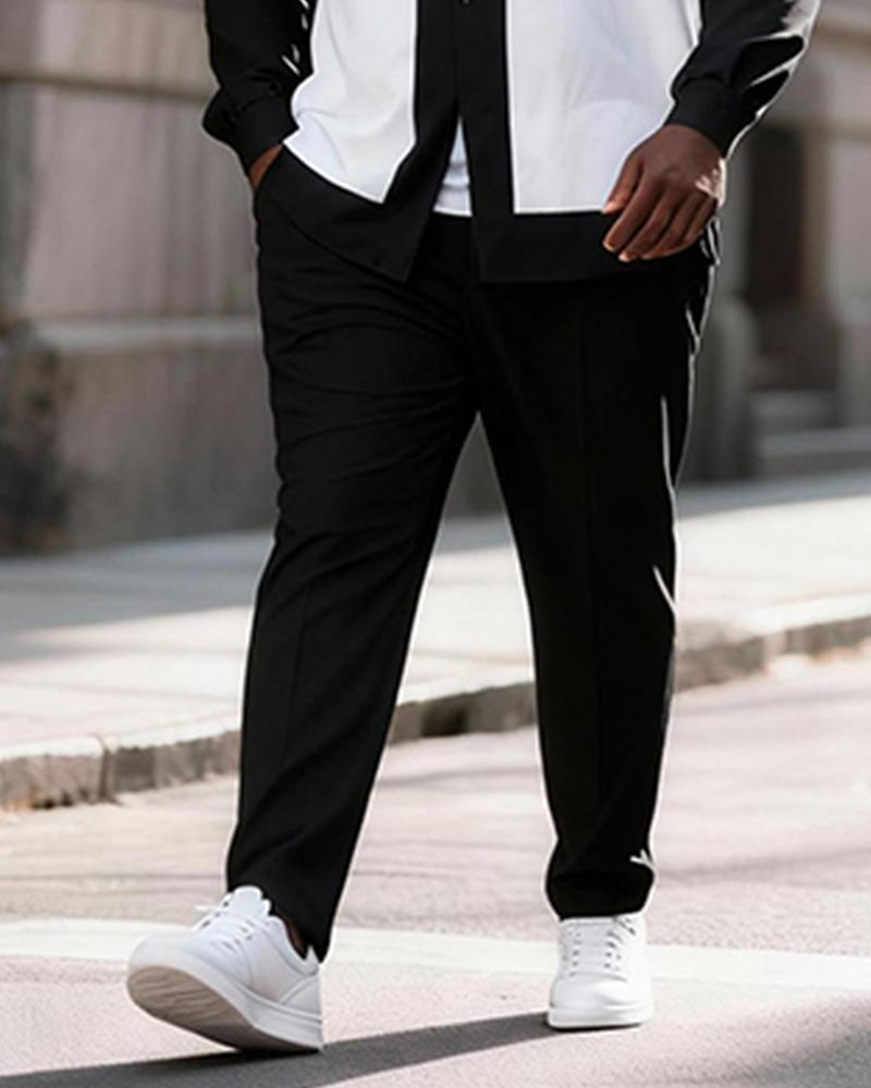 Big & Tall Men's Black And White Contrast Stitching Printed Long Sleeve Shirt Trousers Suit