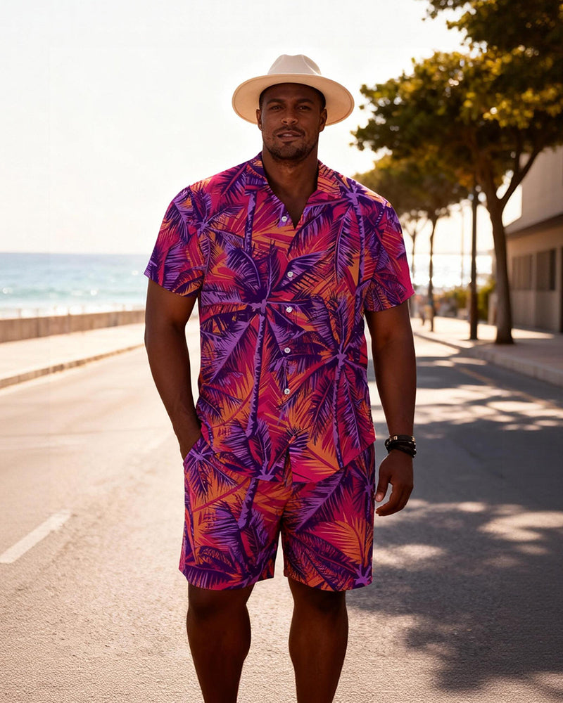 Big & Tall Men's Brown Coconut Retro Printed Short Sleeve Shirt Shorts Set