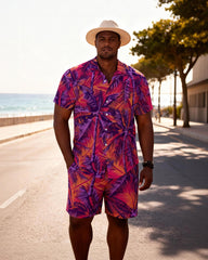 Big & Tall Men's Brown Coconut Retro Printed Short Sleeve Shirt Shorts Set
