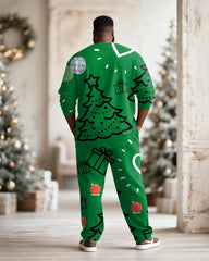 Big & Tall Men's Christmas Tree Green Graffiti Print Long Sleeve T-Shirt Pants Set