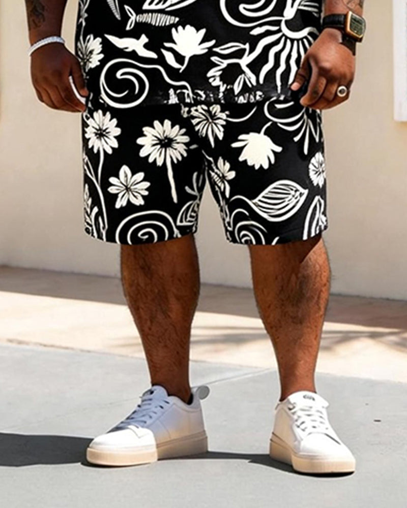Big & Tall Men's Black And White Nautical Elements Print Short Sleeve Shirt Shorts Set