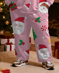 Big & Tall Men's Santa Claus Cartoon Pink Printed Long Sleeve T-Shirt Pants Set