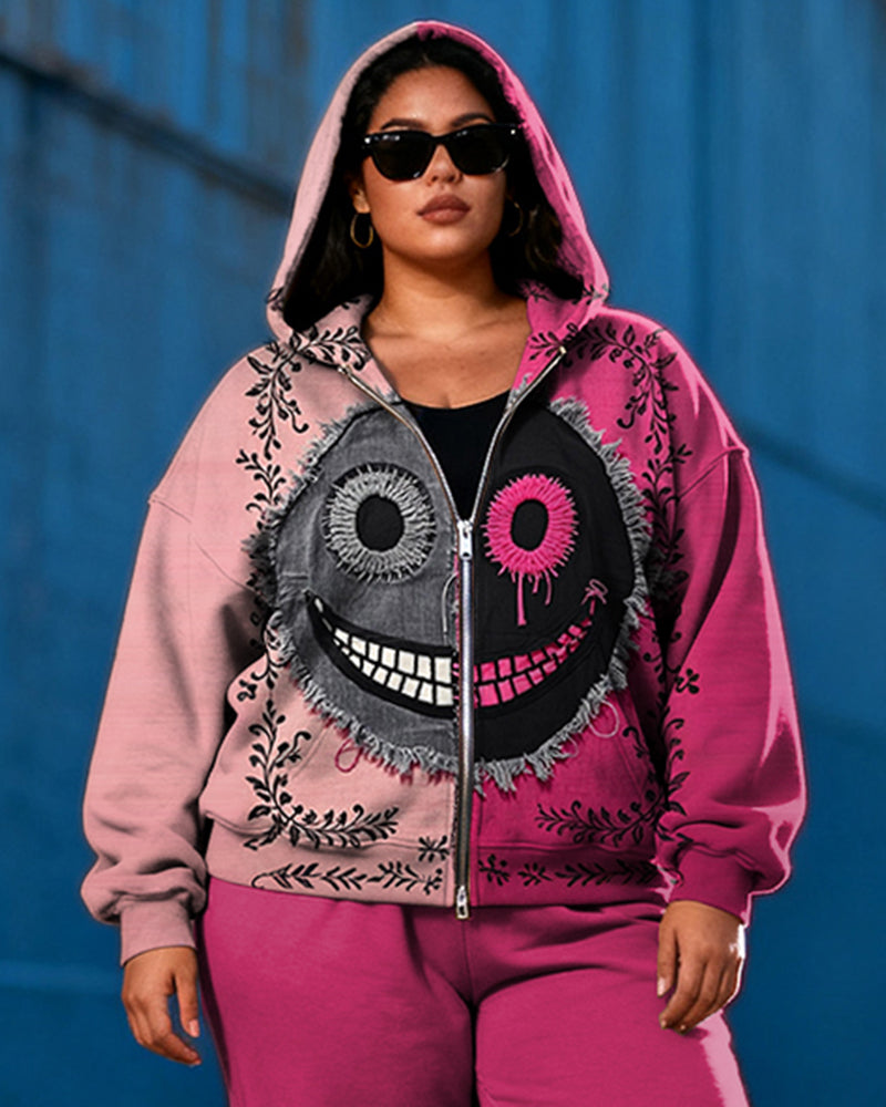 Women's Plus Size Halloween Rose Red Color-block Expression Printed Cardigan Hoodie Set