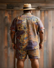 Big & Tall Men's Retro Distressed Tie-dye Color Block Printed Short Sleeve Shirt Shorts Set