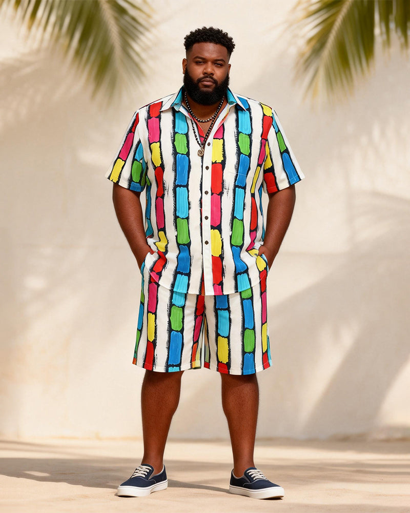 Big & Tall Men's Rainbow Graffiti Stripe Contrast Print Short Sleeve Shirt Shorts Set