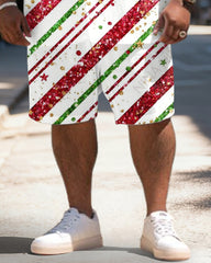 Big & Tall Men's Christmas Flash Stripe Graffiti Print Short Sleeve Shirt Shorts Set