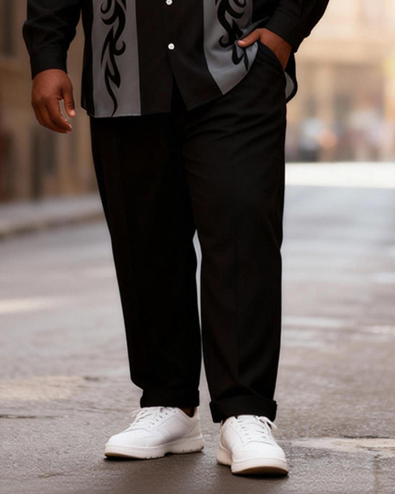 Big & Tall Men's Black And Gray Flame Pattern Stitching Printed Long Sleeve Shirt Trousers Set