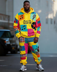 Big & Tall Men's Colorful Note Patchwork Printed Hoodie Set