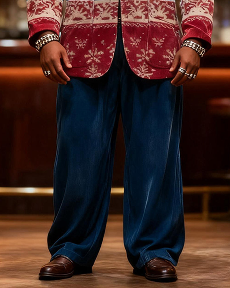 Big & Tall Men's Christmas Vintage Blue And Red Elk Print Suit
