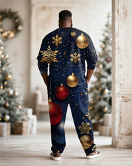 Big & Tall Men's Christmas Snowflake Decorative Printed Long Sleeve T-Shirt Pants Set