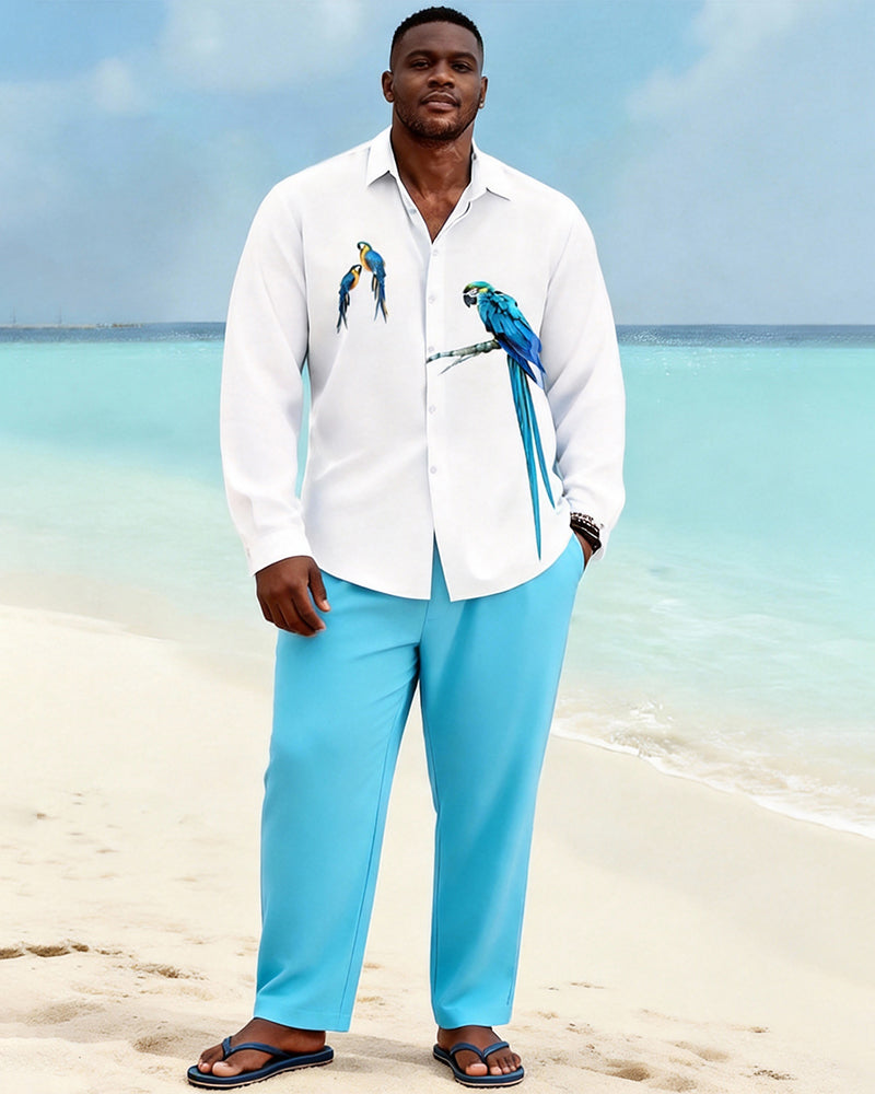 Big & Tall Men's White Blue Parrot Print Long Sleeve Shirt Pants Set