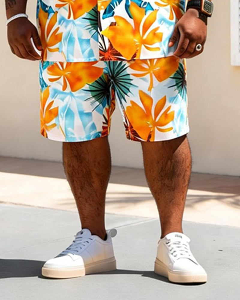 Big & Tall Men's Yellow Bottom Tropical Floral Print Short Sleeve Shirt Shorts Set