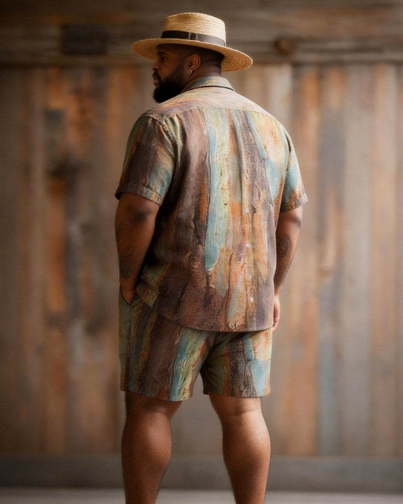 Big & Tall Men's Textured Contrast Print Short Sleeve Shirt Shorts Set
