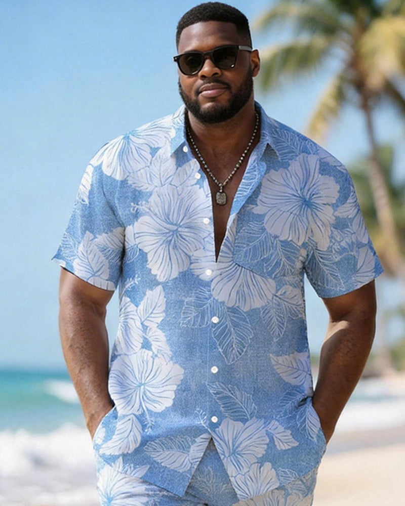 Big & Tall Men's Blue Hibiscus Flower Print Short Sleeve Shirt Shorts Set