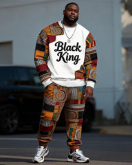 Big & Tall Men's Black King African Pattern Patchwork Printed Round Neck Sweat Set