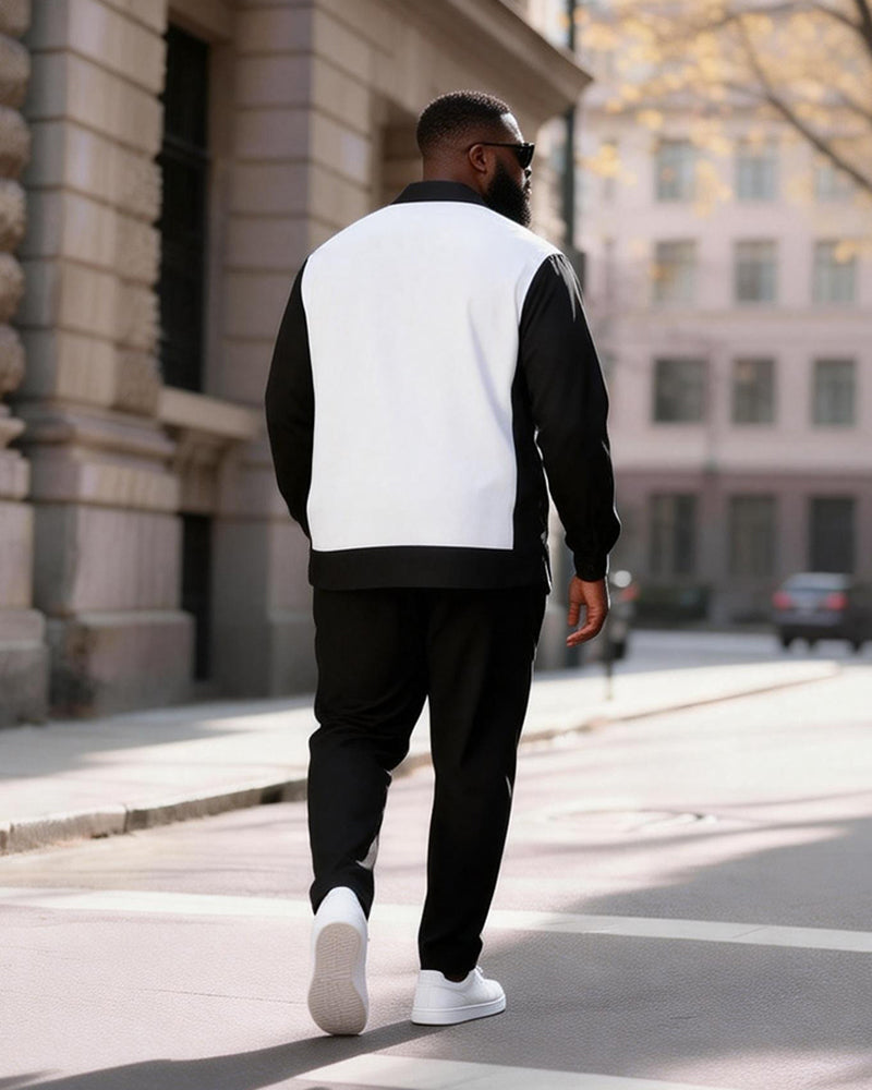 Big & Tall Men's Black And White Contrast Stitching Printed Long Sleeve Shirt Trousers Suit