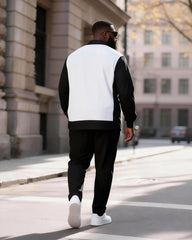 Big & Tall Men's Black And White Contrast Stitching Printed Long Sleeve Shirt Trousers Suit