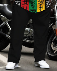 Big & Tall Men's Pan-African Three-Color Geometric Patchwork Printed Long-Sleeved Shirt Pants Set