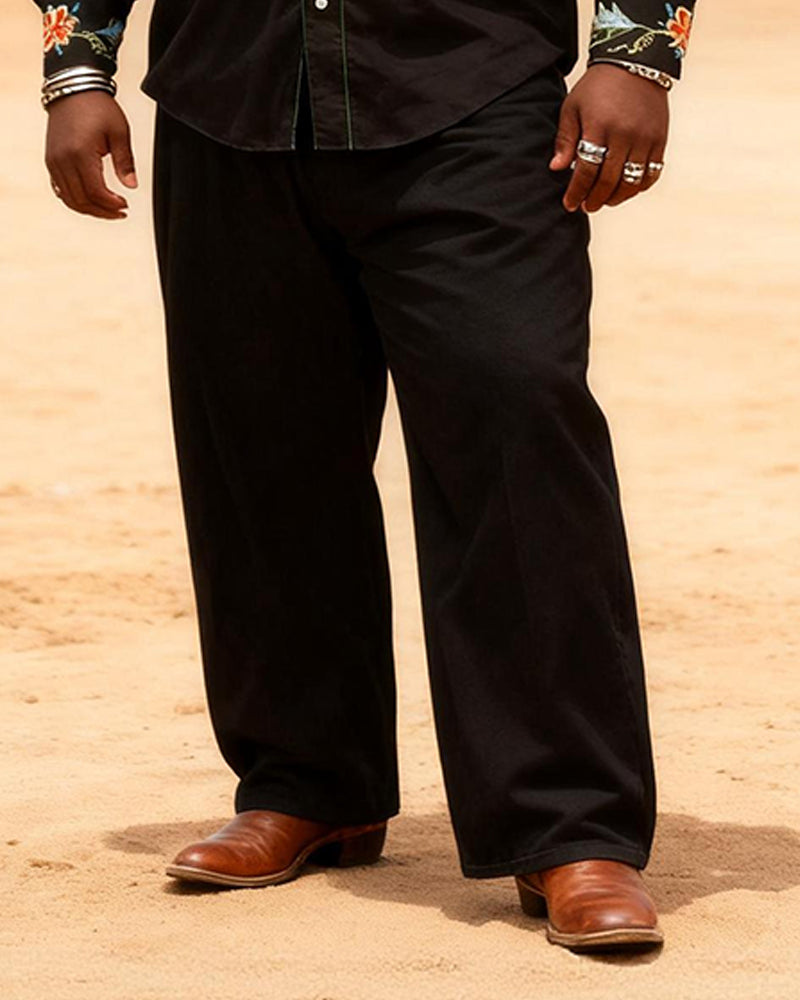 Big & Tall Men's Western Black Floral Print Long Sleeve Shirt Pants Set