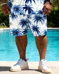Big & Tall Men's Blue And White Coconut Print Short Sleeve Shirt Shorts Set
