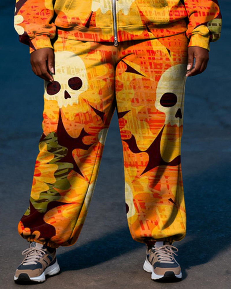 Women's Plus Size Halloween Orange Skull Floral Print Cardigan Hoodie Set