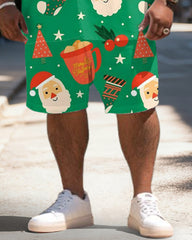 Big & Tall Men's Santa Claus Graffiti Green Print Short Sleeve Shirt Shorts Set
