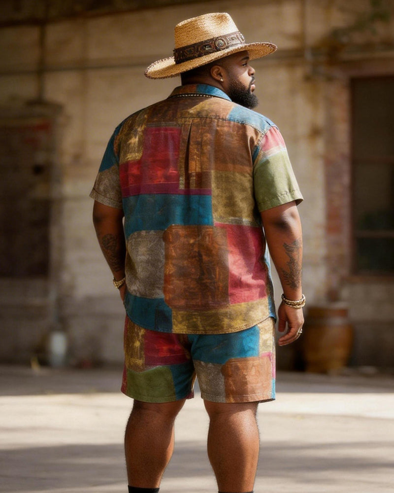 Big & Tall Men's Colorblock Patch Printed Short Sleeve Shirt Shorts Set